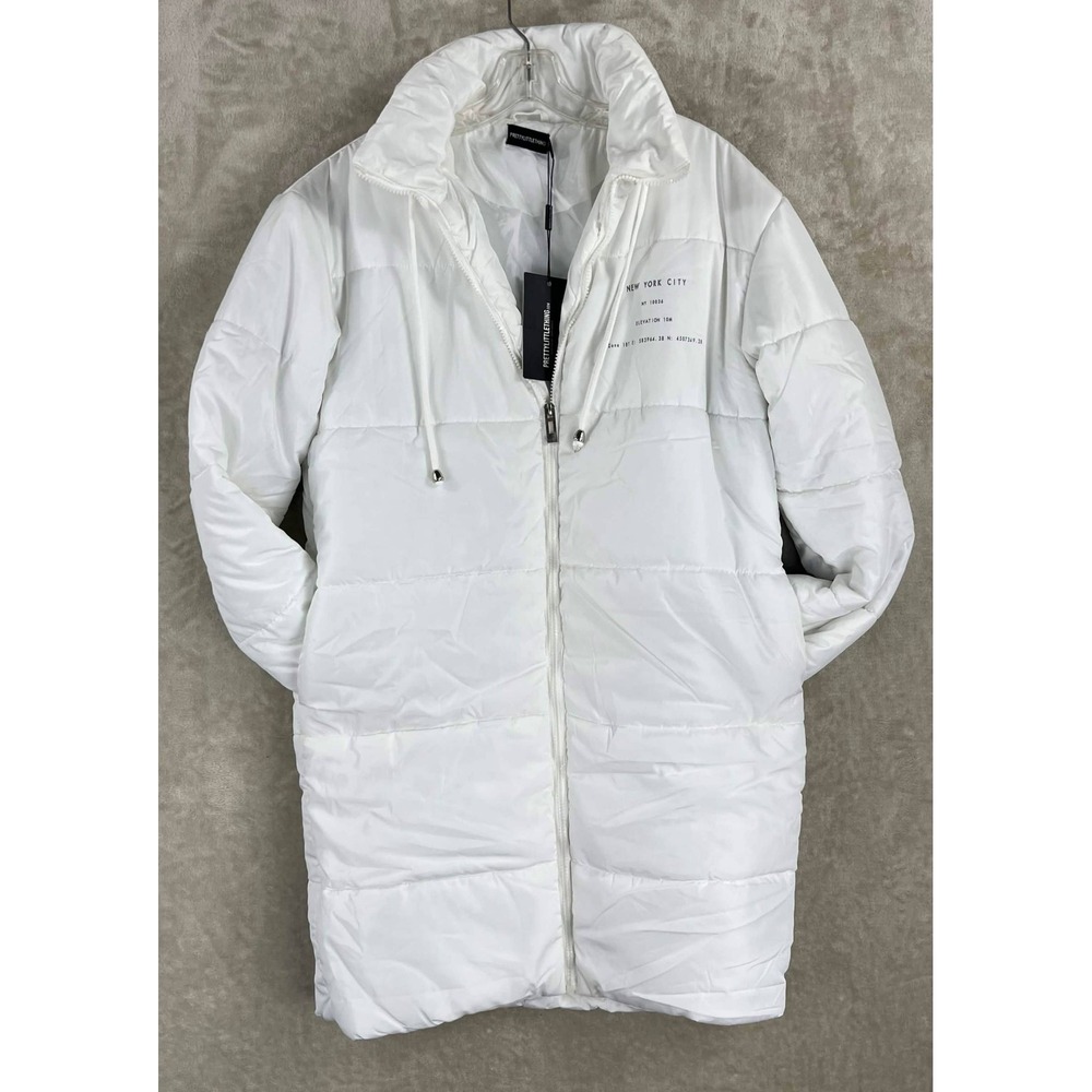 PrettyLittleThing White New York City Slogan Midi Puffer Coat CMF3039 Size 0 NWT